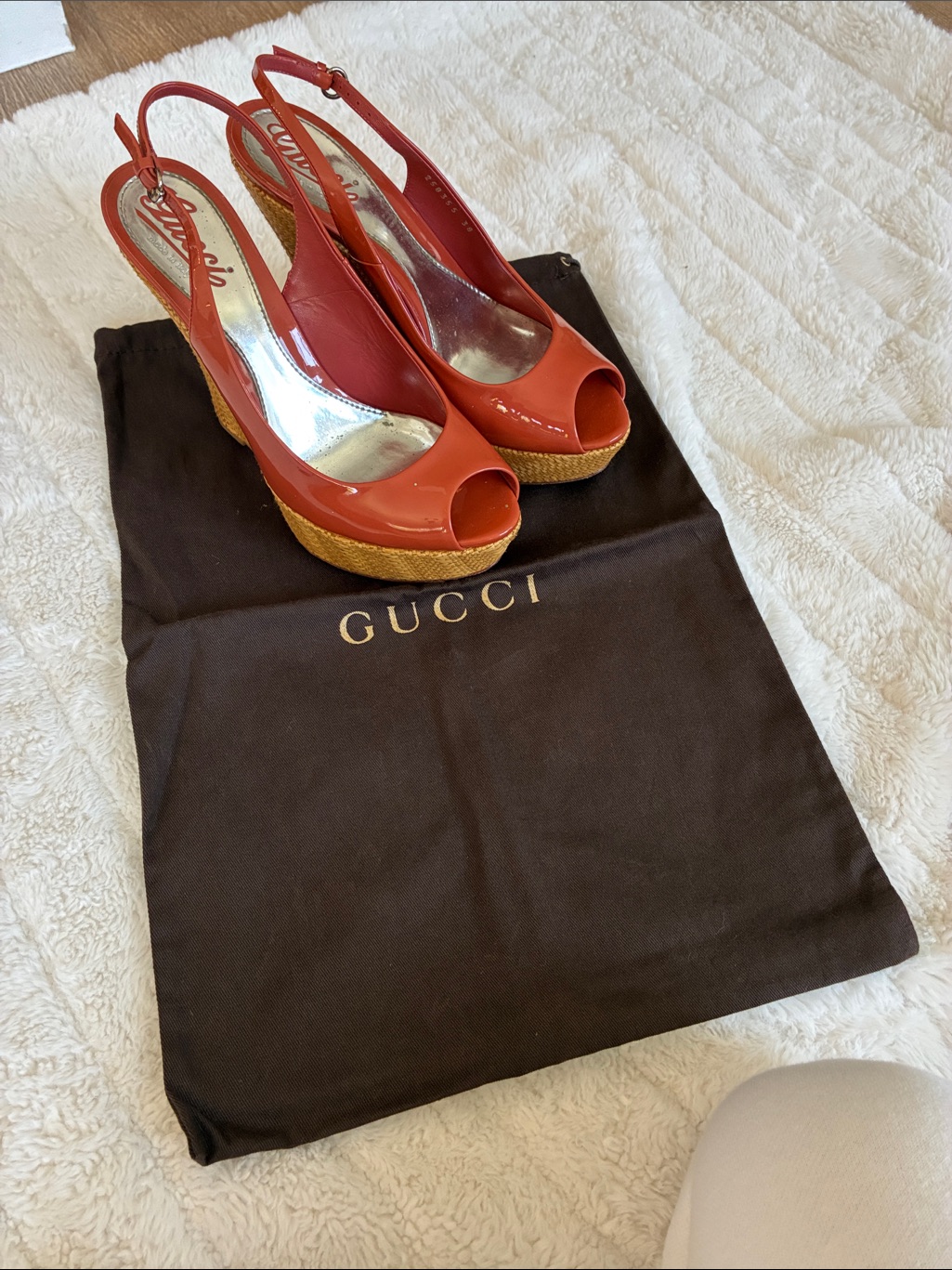 Gucci Coral Red Patent Peep-Toe Wedge Slingbacks